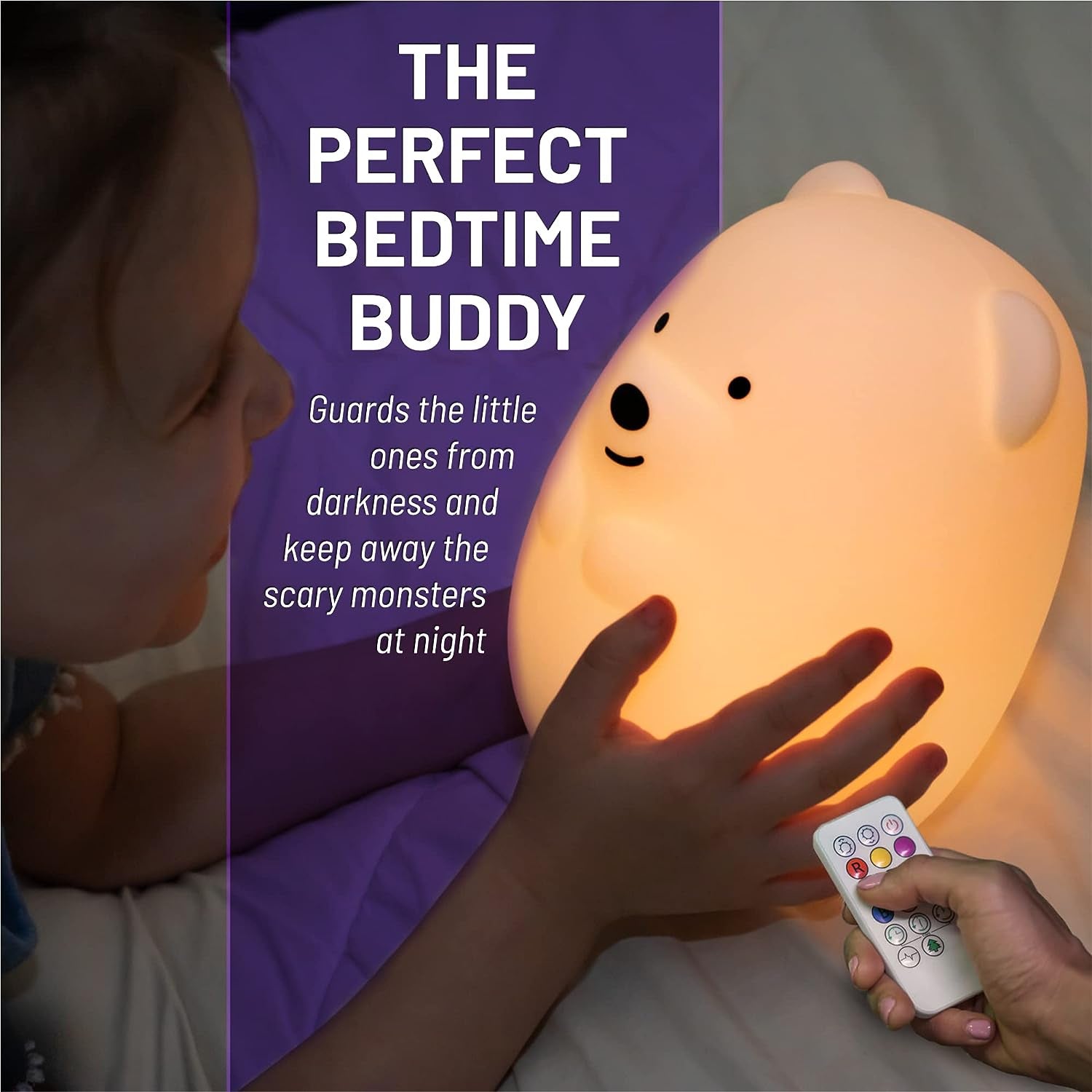 Silicone Night Light for Kids, Bear - 9 Soft Colors, Remote Sleep Timer - Rechargeable, Battery-Operated Light for Toddler, Baby, Girls, Boys - Bedroom, Nursery