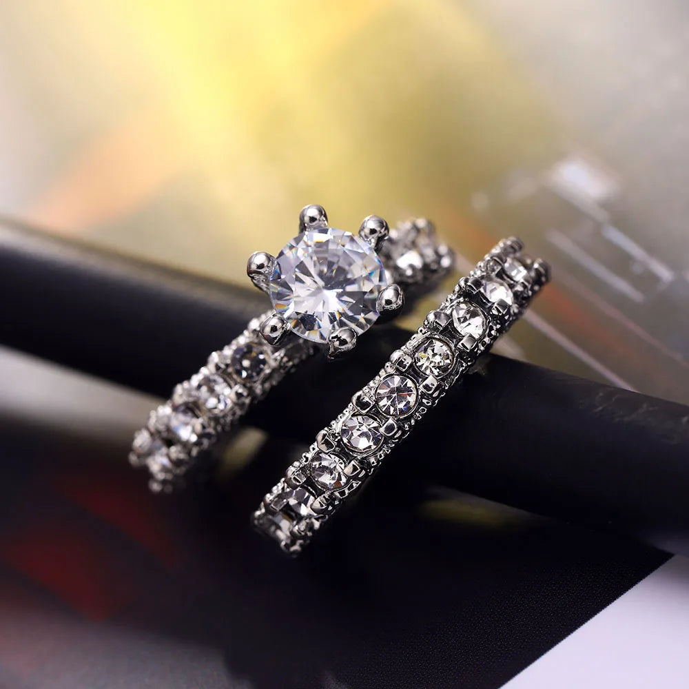 Elegant Zircon Engagement Ring Set – Silver Color Crystal Wedding Jewelry