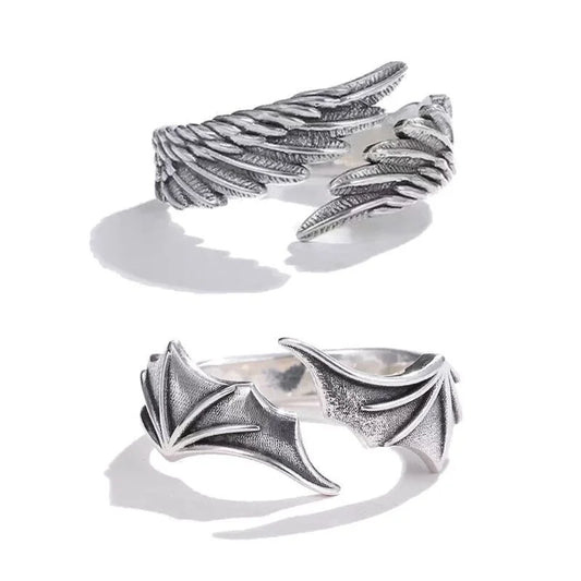 2-Piece Vintage Angel Wing & Demon Eye Couples Rings – Retro Silver Jewelry