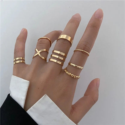 Bohemian Gold Cross Wide Ring Set – Trendy Chain & Cross Design