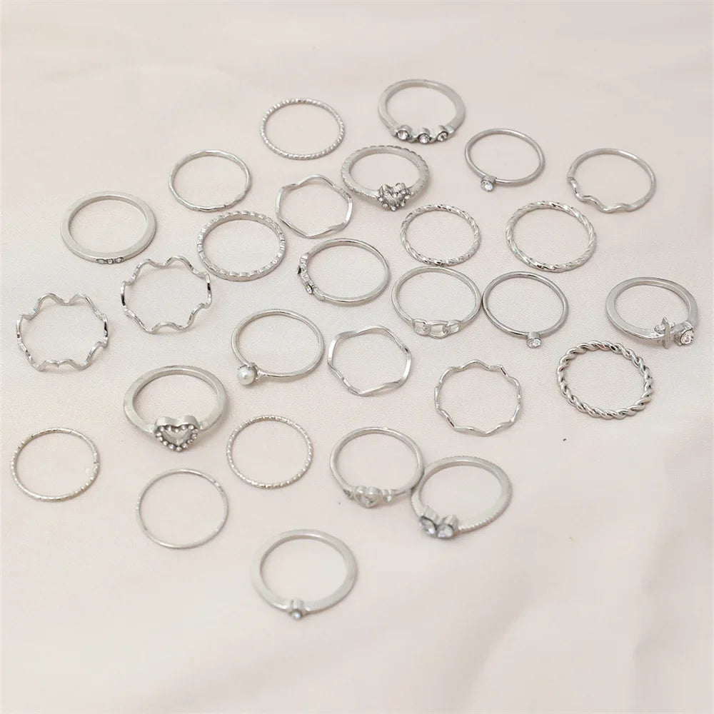 28-Piece Geometric Knuckle Ring Set – Trendy Gold & Silver Crystal Rings