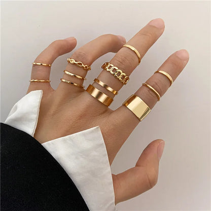 Bohemian Gold Cross Wide Ring Set – Trendy Chain & Cross Design