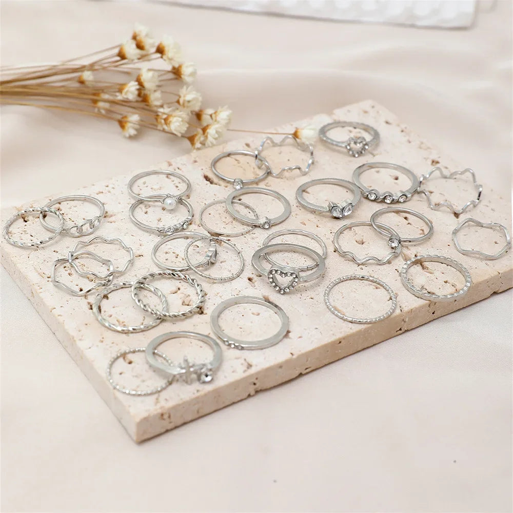 28-Piece Geometric Knuckle Ring Set – Trendy Gold & Silver Crystal Rings