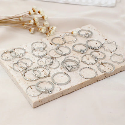 28-Piece Geometric Knuckle Ring Set – Trendy Gold & Silver Crystal Rings