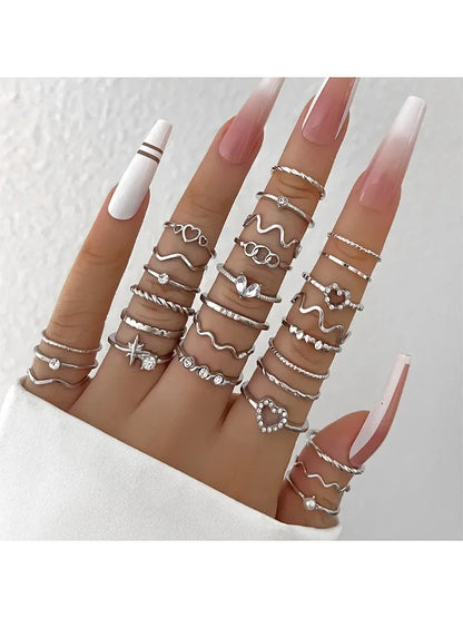 28-Piece Geometric Knuckle Ring Set – Trendy Gold & Silver Crystal Rings