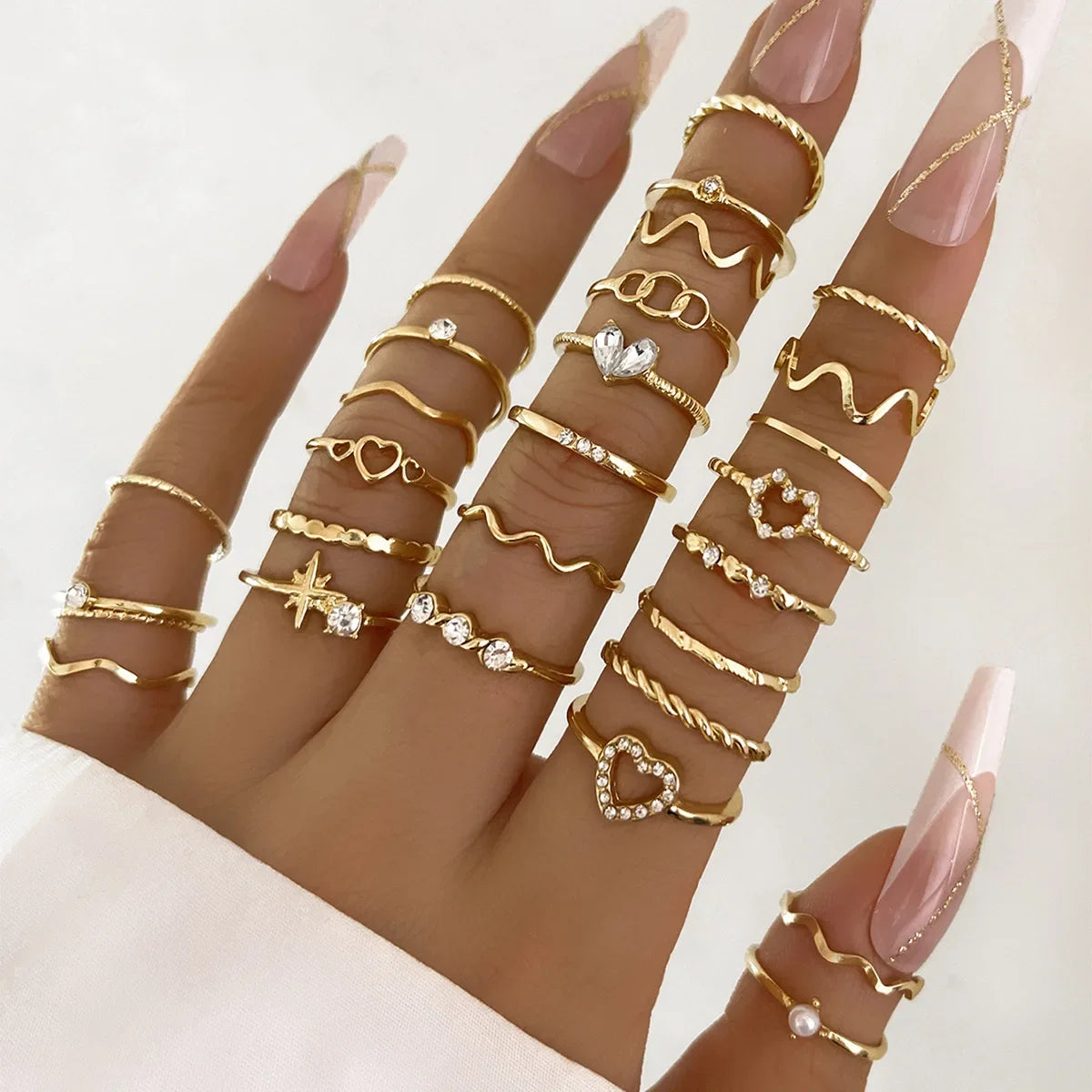 28-Piece Geometric Knuckle Ring Set – Trendy Gold & Silver Crystal Rings